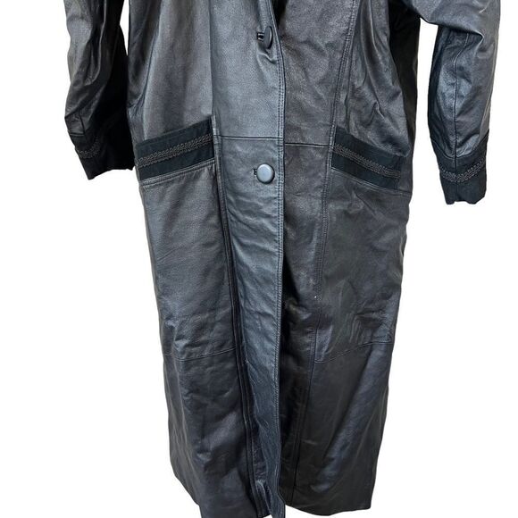Vintage Greg Bell Leather 80’s Matrix Black Paisley Patchwork Long Trench Coat - Picture 3 of 16